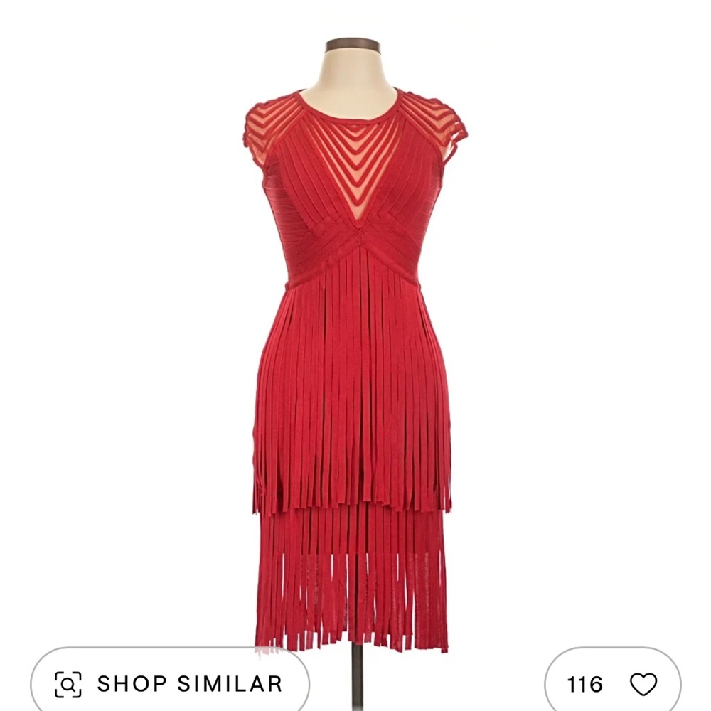 Herve Leger Red Fringe High-Low Dress